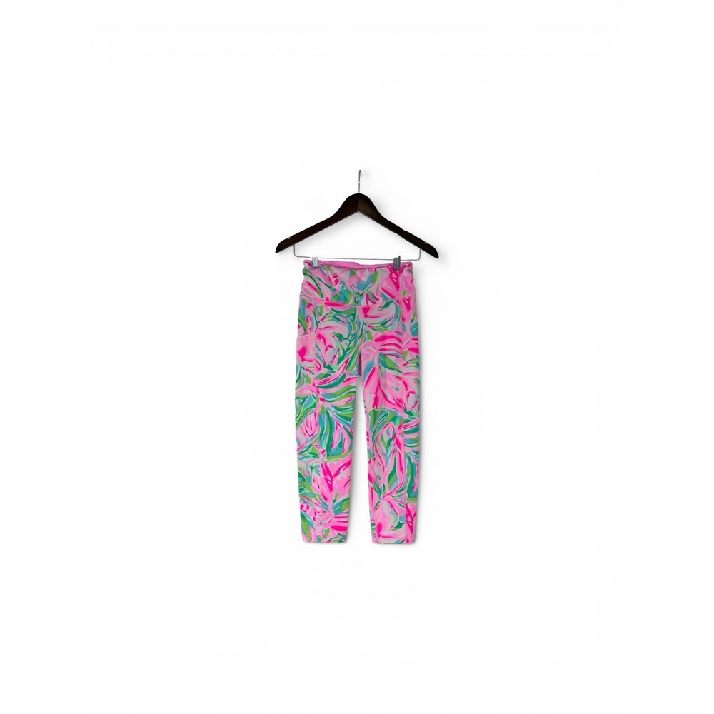 Lilly Pulitzer Luxletic Pink Green Floral High Rise Crop Leggings with Pocket S